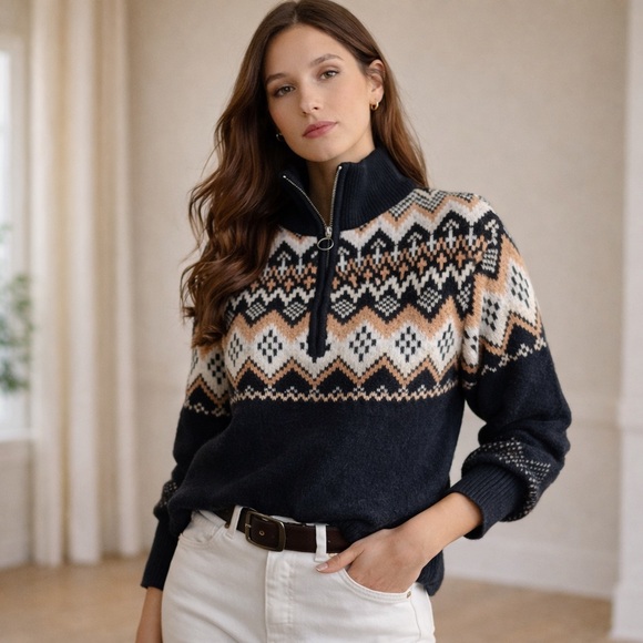 LOFT Sweaters - LOFT M Fair Isle Half Zip Sweater Black Tan White Cotton Blend